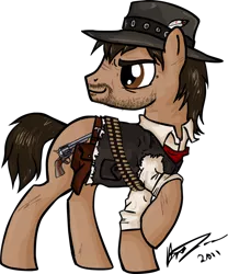 Size: 800x962 | Tagged: artist:omg-chibi, beard, clothes, derpibooru import, gun, hat, john marston, looking back, ponified, raised hoof, red dead redemption, safe, simple background, smirk, solo, torn clothes, transparent background, weapon