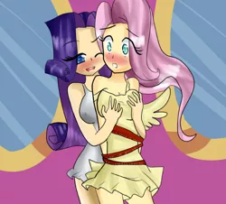 Size: 630x569 | Tagged: suggestive, artist:yurichan, derpibooru import, fluttershy, rarity, bad touch, blushing, breast fondling, breast grab, breasts, clothes, dress, female, flarity, grope, humanized, implied bondage, lesbian, measuring tape, molestation, shipping