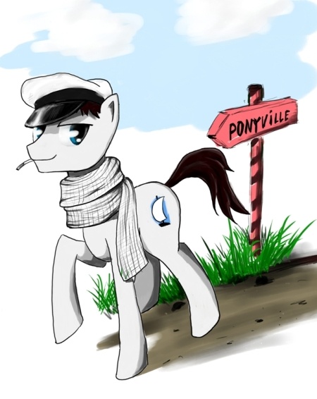 Size: 450x566 | Tagged: artist:madhotaru, clothes, derpibooru import, hat, looking at you, mouth hold, ostap bender, ponified, safe, scarf, soviet, the twelve chairs