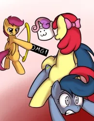Size: 250x321 | Tagged: semi-grimdark, suggestive, artist:kloudmutt, derpibooru import, apple bloom, archer (character), scootaloo, sweetie belle, earth pony, pegasus, pony, :3, :p, apple bloom raping archer, archery, arrow, bipedal, bloom butt, bow (weapon), bow and arrow, butt, censored, cutie mark crusaders, female, filly, filly on filly, foal, foalcon, frown, funny, gritted teeth, imminent rape, imminent sex, lesbian, male, marshmallow, ouch, scootaloo raping archer, smiling, spread legs, spreading, stallion, sweat, sweetie belle is a marshmallow too, tongue out, weapon, wide eyes