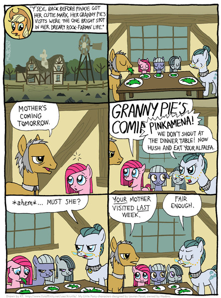 Size: 802x1083 | Tagged: safe, artist:kturtle, derpibooru import, applejack, cloudy quartz, igneous rock pie, limestone pie, marble pie, pinkie pie, earth pony, pony, comic:the story of granny pie, alfalfa, applejack's hat, comic, cowboy hat, eating, eyes closed, female, filly, glasses, hat, implied granny pie, male, mare, pie family, quartzrock, rock farm, stallion