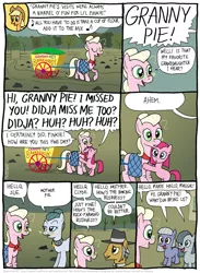 Size: 796x1088 | Tagged: safe, artist:kturtle, derpibooru import, cloudy quartz, granny pie, igneous rock pie, limestone pie, marble pie, pinkie pie, earth pony, pony, comic:the story of granny pie, accent, cart, comic, cupcakes song, excited, female, filly, glasses, hug, male, mare, pie family, quartzrock, singing, stallion