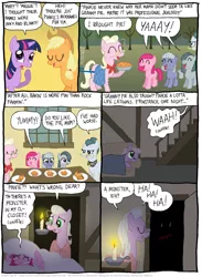 Size: 797x1086 | Tagged: safe, artist:kturtle, derpibooru import, applejack, cloudy quartz, granny pie, limestone pie, marble pie, pinkie pie, twilight sparkle, earth pony, pony, comic:the story of granny pie, accent, applejack's hat, candle, comic, cowboy hat, crying, dialogue, eyes closed, female, filly, food, glasses, hat, laughing, mare, mouth hold, pie, pie family, scared, speech bubble, yay