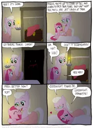 Size: 802x1102 | Tagged: safe, artist:kturtle, derpibooru import, granny pie, pinkie pie, earth pony, pony, comic:the story of granny pie, bed, candle, closet, clothes hanger, comic, dialogue, eyes closed, female, filly, glasses, heart, kiss on the head, lidded eyes, mare, mouth hold, pillow