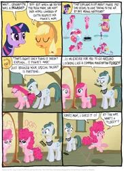 Size: 801x1100 | Tagged: safe, artist:kturtle, derpibooru import, applejack, cloudy quartz, pinkie pie, twilight sparkle, earth pony, pony, comic:the story of granny pie, accent, balloon, comb, comic, female, filly, floating, gasp, glasses, hot air balloon, mare, pedalcopter, pinkie being pinkie, pronking, then watch her balloons lift her up to the sky, trampoline, twinkling balloon