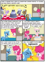 Size: 794x1088 | Tagged: safe, artist:kturtle, derpibooru import, caesar, granny pie, hoity toity, justah bill, lyrica lilac, pinkie pie, tall order, trixie, earth pony, pegasus, pony, unicorn, comic:the story of granny pie, background pony, cake, candle, comic, dough, eyes closed, female, filly, filly pinkie pie, food, glasses, hat, headcanon, male, mare, missing accessory, monocle, monocle and top hat, music notes, rolling pin, singing, stallion, tongue out, top hat, younger