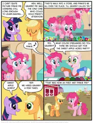 Size: 827x1089 | Tagged: safe, artist:kturtle, derpibooru import, applejack, granny pie, granny smith, pinkie pie, twilight sparkle, earth pony, pony, unicorn, comic:the story of granny pie, accent, applejack's hat, cherry, cherry on top, comic, cowboy hat, cupcake, dialogue, eyes closed, food, hat, looking at each other, mirror, music notes, party hat, raised hoof, smiling, sweet apple acres