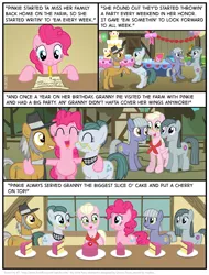 Size: 827x1089 | Tagged: safe, artist:kturtle, derpibooru import, cloudy quartz, granny pie, igneous rock pie, limestone pie, marble pie, pinkie pie, earth pony, pegasus, pony, comic:the story of granny pie, accent, cake, cherry, cherry on top, comic, dancing, female, food, male, mare, mouth hold, pencil, pie family, quartzrock, stallion