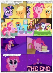 Size: 795x1094 | Tagged: safe, artist:kturtle, derpibooru import, applejack, fluttershy, granny pie, pinkie pie, rainbow dash, rarity, twilight sparkle, earth pony, pegasus, pony, unicorn, comic:the story of granny pie, accent, applejack's hat, basket, cake, cherry, cherry on top, comic, cowboy hat, cupcake, feels, female, food, hat, mane six, mare, mouth hold, night, party, pinkie being pinkie, pronking, punch (drink), punch bowl, teary eyes, the end, unicorn twilight