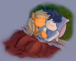 Size: 1280x1024 | Tagged: applejack, artist:tggeko, bed, chest fluff, cuddling, derpibooru import, female, hatless, loose hair, male, missing accessory, safe, shipping, sleeping, soarin', soarinjack, spooning, straight