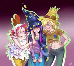 Size: 1312x1158 | Tagged: applejack, artist:author-chan, belly button, costume, derpibooru import, halloween, humanized, midriff, pinkie pie, safe, twilight sparkle