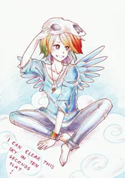 Size: 629x897 | Tagged: artist:author-chan, barefoot, bone, bracelet, clothes, cloud, cloudy, derpibooru import, feet, grin, humanized, jeans, necklace, rainbow dash, safe, sitting, skull, smiling, spread wings, winged humanization
