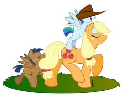 Size: 3000x2400 | Tagged: accessory theft, applejack, artist:littletiger488, blank flank, colt, derpibooru import, foal, high res, male, mouth hold, oc, oc:circuit, oc:eden, offspring, parent:applejack, parent:rainbow dash, parent:soarin', parents:soarindash, parents:soarinjack, ponies riding ponies, safe, simple background, tail bite, tail pull, transparent background