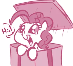 Size: 900x818 | Tagged: safe, artist:tess, derpibooru import, pinkie pie, earth pony, pony, box, cute, diapinkes, female, hi, leaning, mare, monochrome, open mouth, pony in a box, present, smiling, solo