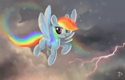 Size: 1920x1223 | Tagged: artist:rom-art, cloud, cloudy, derpibooru import, flying, lightning, rain, rainbow, rainbow dash, safe, sky, solo, storm, wallpaper