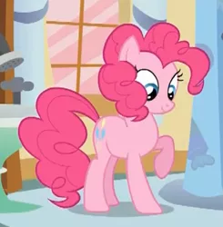 Size: 366x374 | Tagged: safe, derpibooru import, screencap, pinkie pie, earth pony, pony, cropped, female, mare, raised hoof, solo