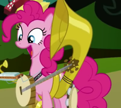 Size: 250x224 | Tagged: safe, derpibooru import, screencap, pinkie pie, earth pony, pony, swarm of the century, accordion, banjo, cropped, cymbals, female, harmonica, mare, musical instrument, one-pony band, open mouth, solo, sousaphone, tambourine, trombone