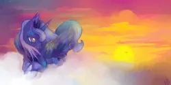 Size: 1200x600 | Tagged: artist:nyanamo, cloud, cloudy, derpibooru import, princess luna, prone, s1 luna, safe, solo