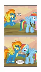 Size: 900x1590 | Tagged: safe, artist:stratusxh, derpibooru import, rainbow dash, spitfire, pegasus, pony, bodysuit, clothes, comic, female, flying, frown, glare, goggles, grin, implied lesbian, implied shipping, implied spitdash, lidded eyes, mare, open mouth, pointing, raised eyebrow, smiling, smirk, speech bubble, spread wings, uniform, wide eyes, wings, wonderbolts uniform