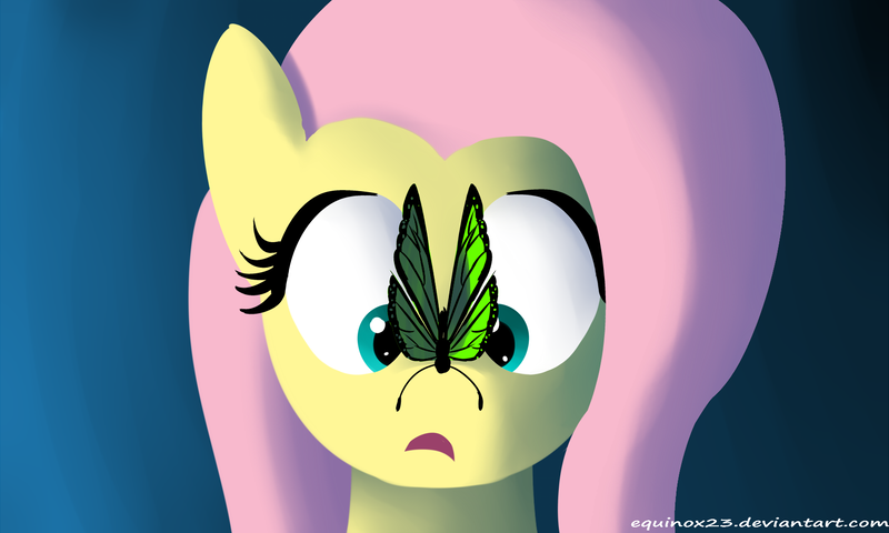 Size: 1650x990 | Tagged: safe, artist:equinox23, derpibooru import, fluttershy, butterfly, pony, bust, butterfly on nose, cross-eyed, female, full face view, gradient background, insect on nose, looking at something, mare, open mouth, solo