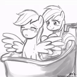 Size: 850x850 | Tagged: safe, artist:johnjoseco, derpibooru import, applejack, rainbow dash, fanfic, fanfic:those blue wings, appledash, bath, female, flapplejack, grayscale, lesbian, monochrome, shipping