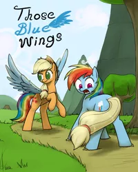Size: 1600x2000 | Tagged: safe, artist:valcron, derpibooru import, applejack, rainbow dash, chimera, earth pony, pegasus, pony, fanfic, fanfic:those blue wings, body part swap, cover, duo, earth pony rainbow dash, fanfic art, fanfic cover, female, flapplejack, fusion, image, looking at self, looking at tail, mare, png, race swap, role reversal, shock, shocked, spread wings, tail swap, wings