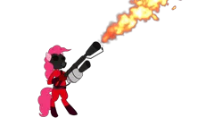 Size: 960x540 | Tagged: animated, animated png, artist:fantasyblade, bipedal, derpibooru import, flamethrower, pinkie pie, safe, simple background, team fortress 2, transparent background, weapon