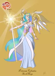 Size: 1023x1404 | Tagged: archmage, artist:didj, derpibooru import, floating wings, humanized, my little mages, princess celestia, safe, skinny, staff
