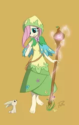 Size: 849x1350 | Tagged: angel bunny, artist:didj, barefoot, clothes, derpibooru import, dress, druid, feet, flutterdruid, fluttershy, humanized, my little mages, safe, staff