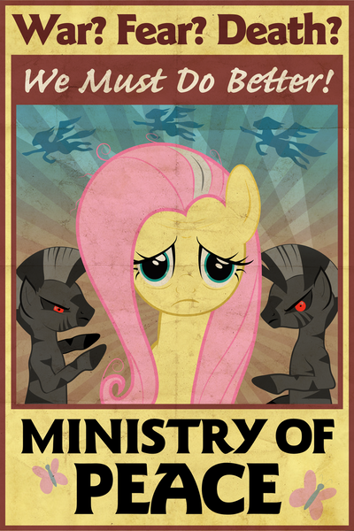 Size: 1024x1536 | Tagged: safe, artist:catsby, derpibooru import, fluttershy, pony, zebra, fallout equestria, crossover, fallout, female, mare, ministry mares, ministry of peace, poster, propaganda