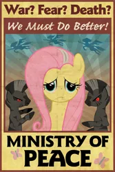 Size: 1024x1536 | Tagged: safe, artist:catsby, derpibooru import, fluttershy, pony, zebra, fallout equestria, crossover, fallout, female, mare, ministry mares, ministry of peace, poster, propaganda