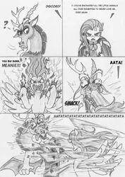 Size: 884x1250 | Tagged: safe, artist:leovictor, derpibooru import, discord, fluttershy, draconequus, pegasus, pony, angry, atatatatata, aura, broken teeth, comic, female, hokuto no ken, male, mare, open mouth, punch, question mark, rage, raised eyebrow, spread wings, this will end in pain and/or death, tongue out, wide eyes, x eyes