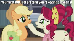 Size: 960x540 | Tagged: suggestive, derpibooru import, edit, edited screencap, screencap, applejack, cherry jubilee, earth pony, pony, caption, female, image macro, implied blowjob, implied oral, implied sex, madame jubilee, mare, meme, prostitution, this will end in tears