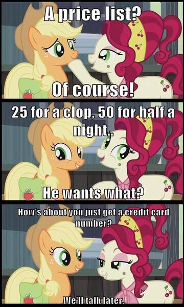 Size: 498x831 | Tagged: suggestive, derpibooru import, edit, edited screencap, screencap, applejack, cherry jubilee, earth pony, pony, the last roundup, caption, comic, female, image macro, implied sex, madame jubilee, mare, meme, prostitution