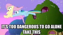 Size: 1280x721 | Tagged: derpibooru import, fluttershy, image macro, it's dangerous to go alone, meme, rainbow dash, safe, take this, the legend of zelda