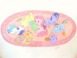 Size: 640x480 | Tagged: safe, artist:dordtchild, derpibooru import, applejack, fluttershy, pinkie pie, rainbow dash, rarity, twilight sparkle, pony, :p, :t, babity, baby, baby dash, baby pie, baby pony, babyjack, babylight sparkle, babyshy, candy, cute, daaaaaaaaaaaw, drool, egg, filly, foal, hat, lollipop, mane six, nom, on back, open mouth, pillow, prone, rolling, rug, smiling, tongue out, traditional art