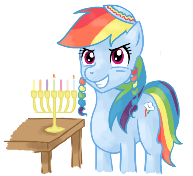 Size: 746x682 | Tagged: artist:elegantmisreader, derpibooru import, hanukkah, judaism, menorah, payots, rainbow dash, safe, solo, yarmulke