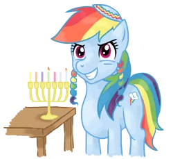 Size: 746x682 | Tagged: artist:elegantmisreader, derpibooru import, hanukkah, judaism, menorah, payots, rainbow dash, safe, solo, yarmulke