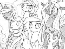 Size: 800x600 | Tagged: safe, artist:valcron, derpibooru import, princess cadance, princess celestia, princess luna, queen chrysalis, shining armor, twilight sparkle, alicorn, changeling, changeling queen, pony, unicorn, female, grayscale, image, male, mare, monochrome, png, reaction image, signature, stallion, varying degrees of want