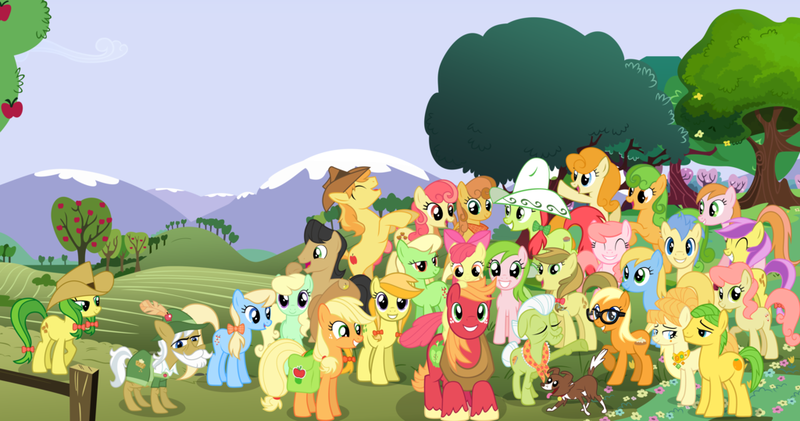 Size: 1024x539 | Tagged: safe, artist:90sigma, artist:abydos91, artist:atmospark, artist:daringdashie, artist:mandydax, artist:rainbowplasma, derpibooru import, apple bloom, apple bumpkin, apple cider (character), apple cobbler, apple fritter, apple honey, apple munchies, apple strudel, apple strudely, apple tarty, applejack, aunt orange, big macintosh, braeburn, buttercream, caramel apple, gala appleby, ginger gold, golden delicious, granny smith, jonagold, lavender fritter, marmalade jalapeno popette, pacific rose, peachy sweet, perfect pie, pink lady, red delicious, red gala, uncle orange, violet fritter, winona, earth pony, pony, apple family, apple family member, female, filly, male, mare, orange wafer, stallion, sundowner (character), the oranges