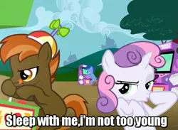 Size: 655x480 | Tagged: apple bytes, archer (character), ...baby one more time, britney spears, button mash, derpibooru import, edit, edited screencap, female, hearts and hooves day, hearts and hooves day (episode), high score, image macro, implied foalcon, male, scootablue, screencap, shipping, straight, suggestive, sweetie belle, sweetiemash, the perfect stallion