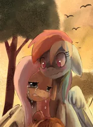 Size: 626x850 | Tagged: safe, artist:terrac0tta, derpibooru import, fluttershy, rainbow dash, bird, crying, dead, death, female, flutterdash, lesbian, sad, shipping, tree