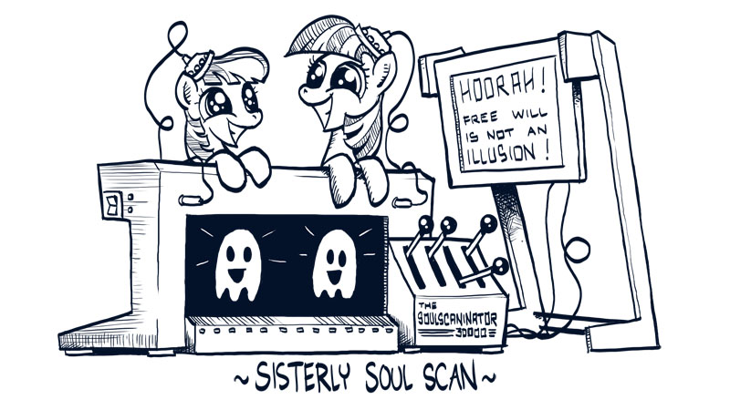 Size: 800x450 | Tagged: safe, artist:theartrix, derpibooru import, ghost, pony, friendship is witchcraft, sisterhooves social, black and white, computer, doctor who, duo, female, filly, foal, free will, grayscale, grin, illusion, leaning forward, looking at each other, machine, monochrome, scanner, simple background, sisters, smiling, soul, standing, white background