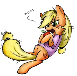 Size: 850x846 | Tagged: safe, artist:fiarel, derpibooru import, applejack, earth pony, pony, apple, clothes, colored, eating, morning ponies, nom, on back, shirt, simple background, solo, t-shirt, that pony sure does love apples, white background