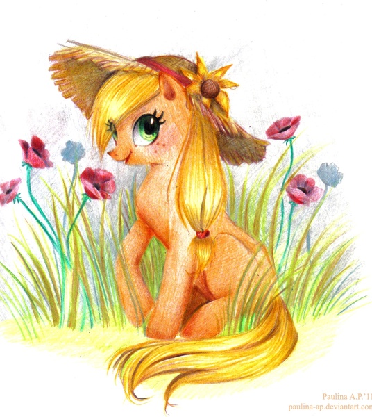 Size: 1119x1252 | Tagged: applejack, artist:paulina-ap, derpibooru import, flower, hat, safe, sitting, solo, traditional art