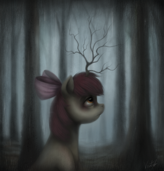 Size: 880x920 | Tagged: dead source, grimdark, artist:ventious, derpibooru import, apple bloom, earth pony, pony, female, filly, forest, parasitic plant, solo, sprouting