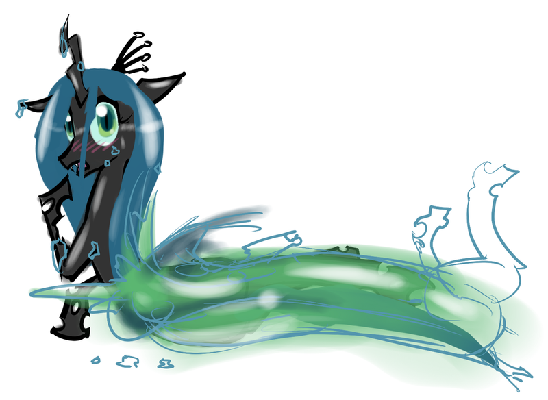 Size: 1024x748 | Tagged: safe, artist:moronsonofboron, derpibooru import, queen chrysalis, changeling, changeling queen, blushing, embarrassed, fangs, female, floppy ears, hoof over mouth, image, looking at you, looking back, lying, molting, open mouth, png, raised hoof, side, simple background, slit eyes, solo, this will end in death, this will end in pain, this will end in pain and/or death, white background
