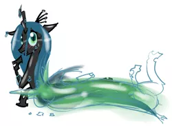 Size: 1024x748 | Tagged: artist:moronsonofboron, blushing, changeling, changeling queen, derpibooru import, embarrassed, female, looking at you, lying, molting, queen chrysalis, raised hoof, safe, side, simple background, solo, white background