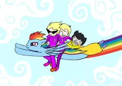 Size: 1000x707 | Tagged: artist:launchycat, crossover, derpibooru import, dirk strider, flying, homestuck, jane crocker, rainbow dash, roxy lalonde, safe, sunglasses