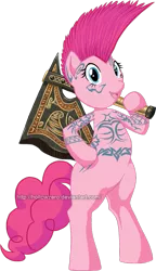 Size: 469x816 | Tagged: safe, artist:hollowzero, derpibooru import, pinkie pie, ponified, pony, axe, bipedal, commission, crossover, slayer, tattoo, warhammer (game), warhammer fantasy